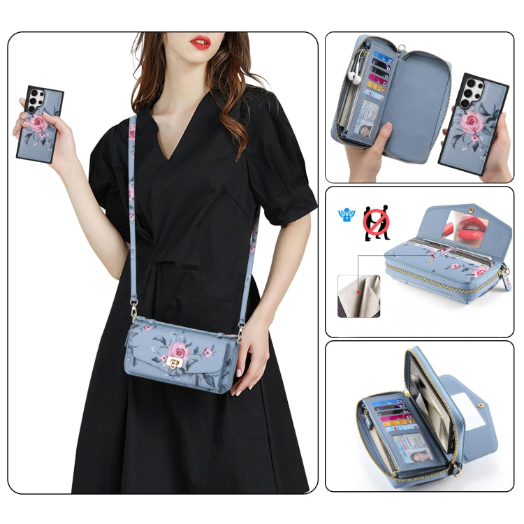 For Samsung Galaxy S24 Ultra 5G Flower Multi-functional Crossbody Zipper Wallet Leather Phone Case(Blue) - HoMEdemic™ 