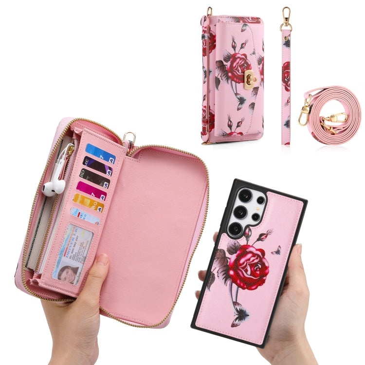 For Samsung Galaxy S24 Ultra 5G Flower Multi-functional Crossbody Zipper Wallet Leather Phone Case(Pink) - HoMEdemic™ 