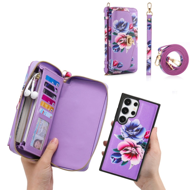 For Samsung Galaxy S24 Ultra 5G Flower Multi-functional Crossbody Zipper Wallet Leather Phone Case(Purple) - HoMEdemic™ 