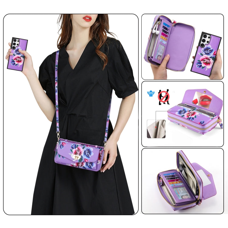 For Samsung Galaxy S24 Ultra 5G Flower Multi-functional Crossbody Zipper Wallet Leather Phone Case(Purple) - HoMEdemic™ 