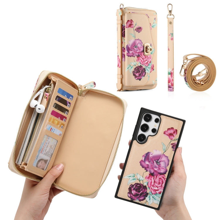 For Samsung Galaxy S24 Ultra 5G Flower Multi-functional Crossbody Zipper Wallet Leather Phone Case(Yellow) - HoMEdemic™ 