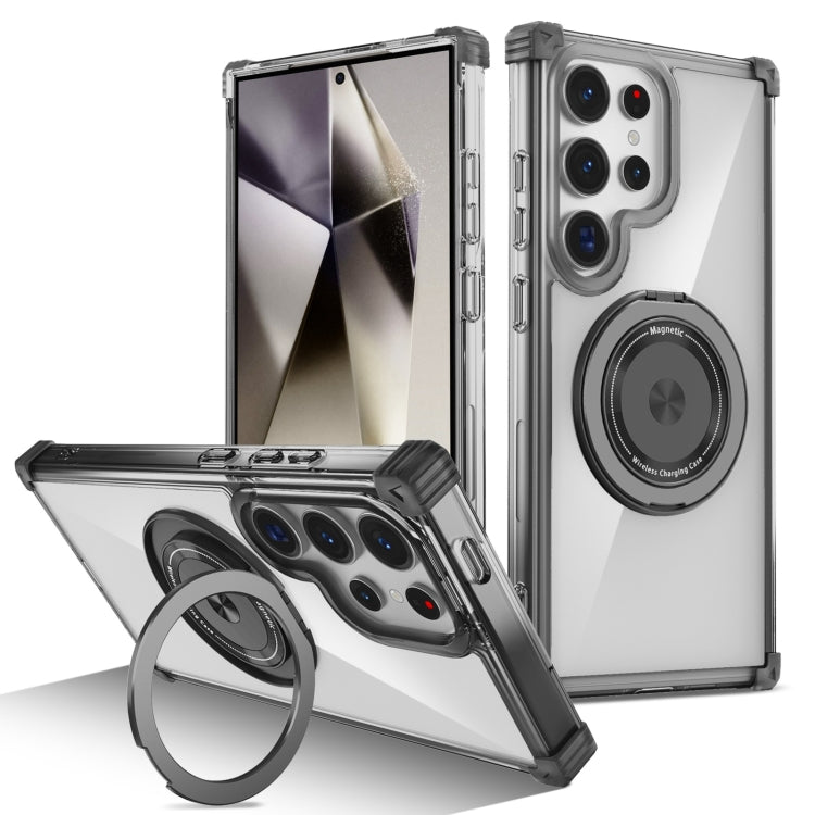 For Samsung Galaxy S24 Ultra 5G Gold Shield CD Pattern MagSafe Magnetic Phone Case with Rotating Stand(Transparent Black) - HoMEdemic™ 