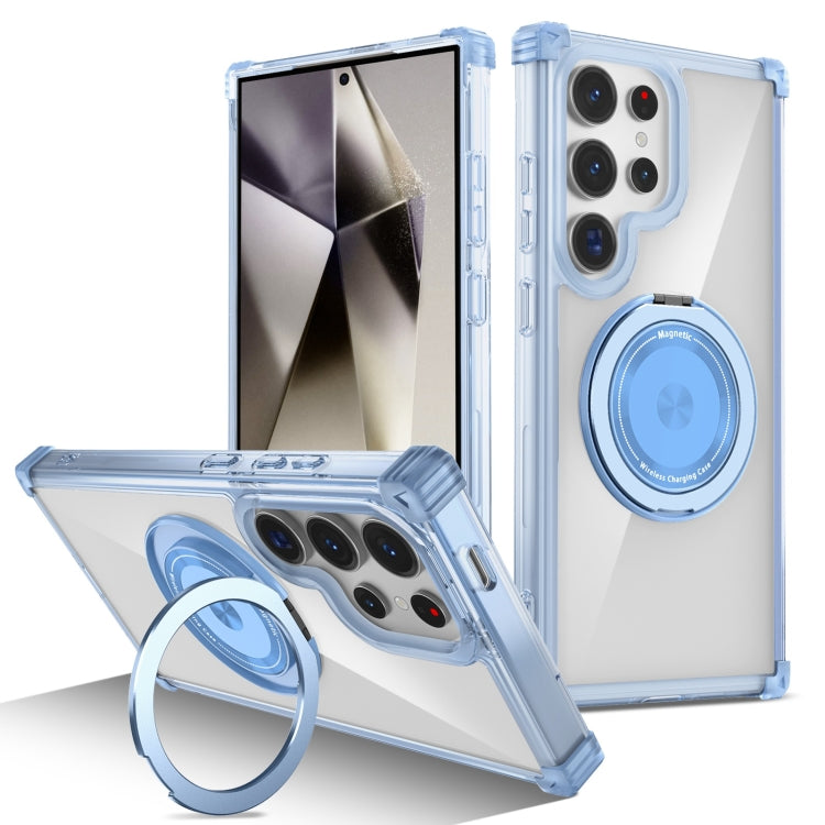 For Samsung Galaxy S24 Ultra 5G Gold Shield CD Pattern MagSafe Magnetic Phone Case with Rotating Stand(Transparent Blue) - HoMEdemic™ 