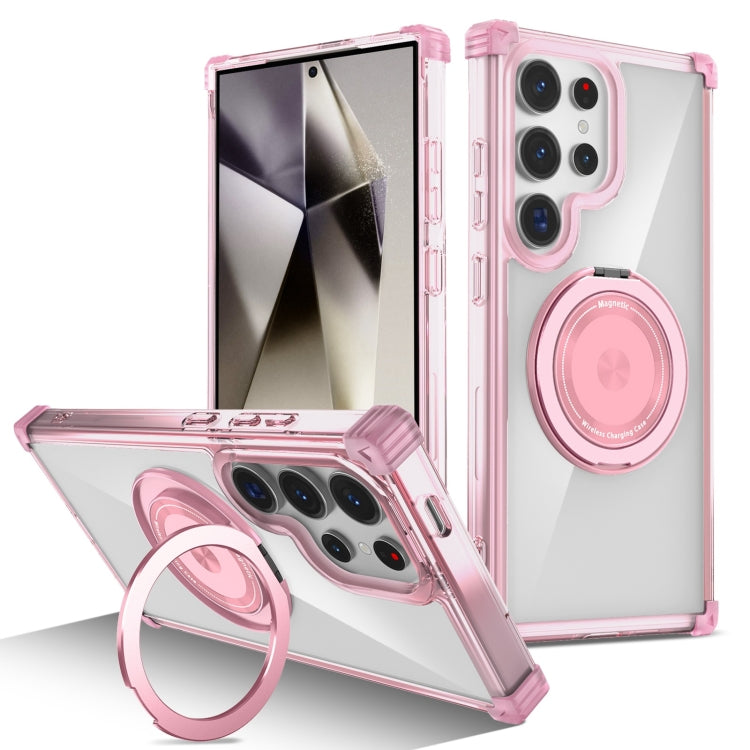 For Samsung Galaxy S24 Ultra 5G Gold Shield CD Pattern MagSafe Magnetic Phone Case with Rotating Stand(Transparent Pink) - HoMEdemic™ 