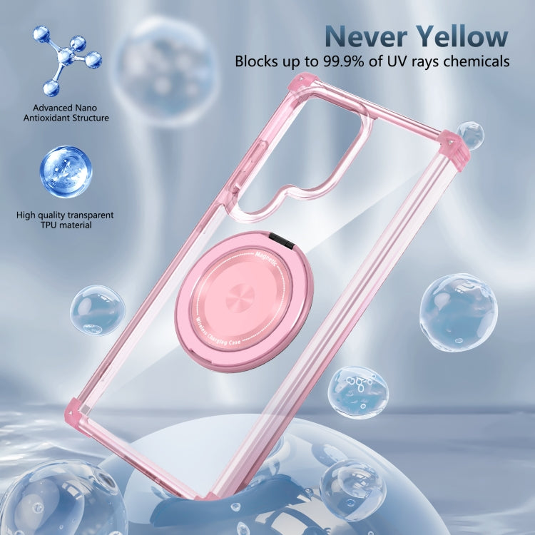 For Samsung Galaxy S24 Ultra 5G Gold Shield CD Pattern MagSafe Magnetic Phone Case with Rotating Stand(Transparent Pink) - HoMEdemic™ 