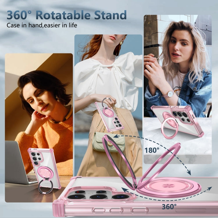 For Samsung Galaxy S24 Ultra 5G Gold Shield CD Pattern MagSafe Magnetic Phone Case with Rotating Stand(Transparent Pink) - HoMEdemic™ 