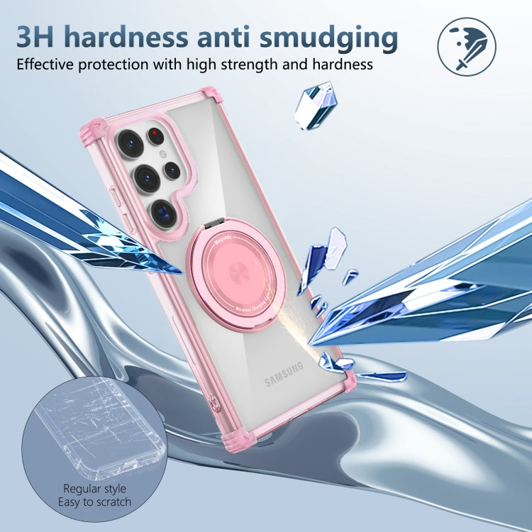 For Samsung Galaxy S24 Ultra 5G Gold Shield CD Pattern MagSafe Magnetic Phone Case with Rotating Stand(Transparent Pink) - HoMEdemic™ 