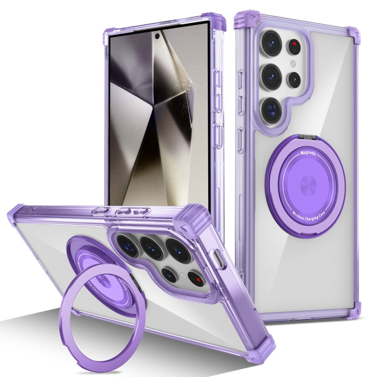 For Samsung Galaxy S24 Ultra 5G Gold Shield CD Pattern MagSafe Magnetic Phone Case with Rotating Stand(Transparent Purple) - HoMEdemic™ 