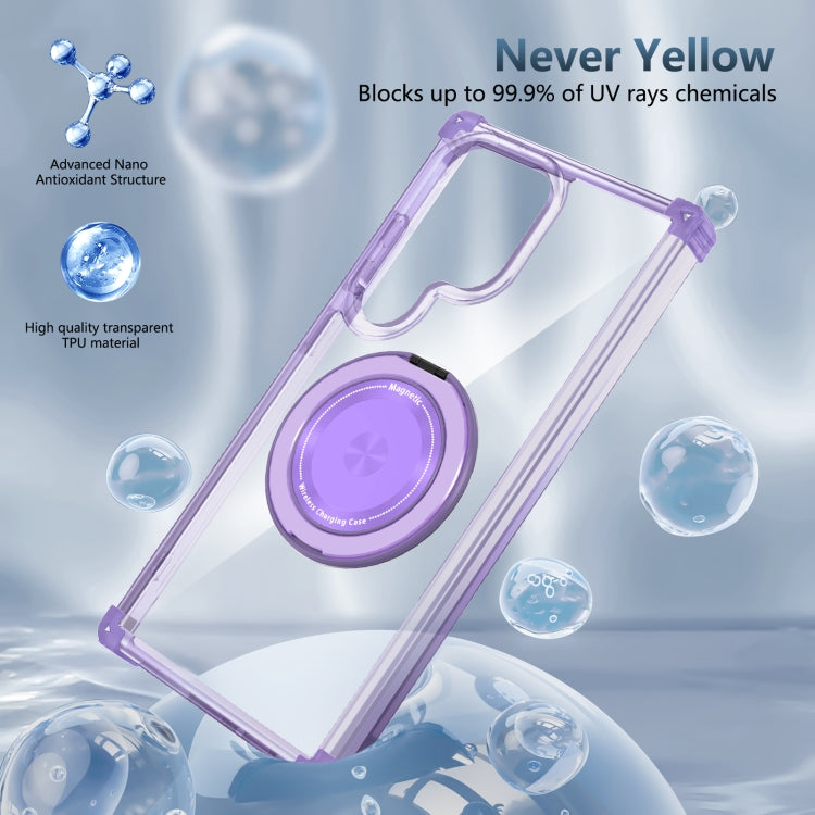 For Samsung Galaxy S24 Ultra 5G Gold Shield CD Pattern MagSafe Magnetic Phone Case with Rotating Stand(Transparent Purple) - HoMEdemic™ 
