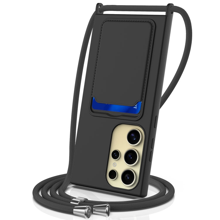 For Samsung Galaxy S24 Ultra 5G Integrated Card Bag Solid Color Liquid Silicone Phone Case with Lanyard(Black) - HoMEdemic™ 