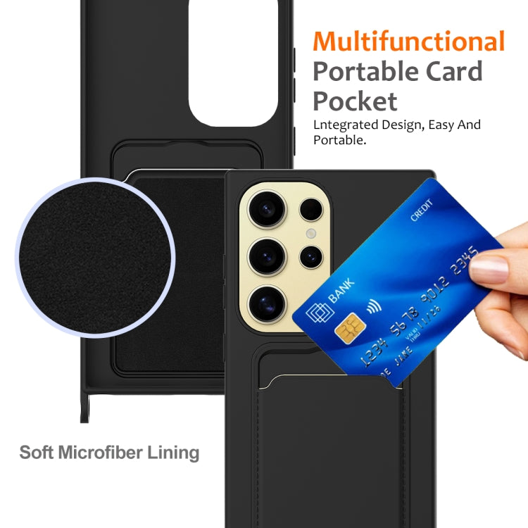 For Samsung Galaxy S24 Ultra 5G Integrated Card Bag Solid Color Liquid Silicone Phone Case with Lanyard(Black) - HoMEdemic™ 