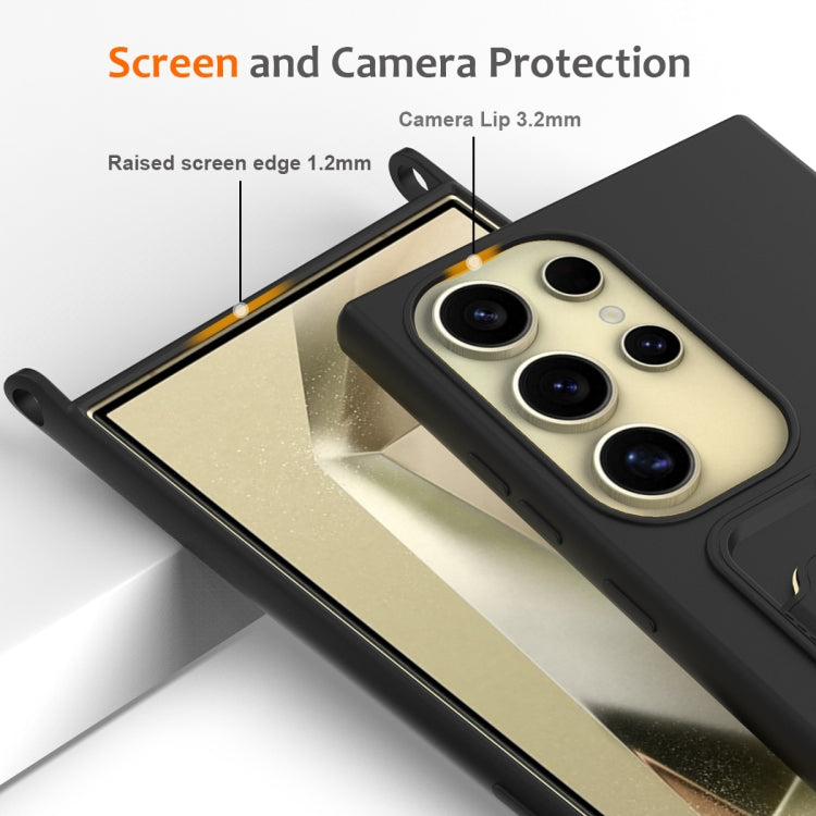 For Samsung Galaxy S24 Ultra 5G Integrated Card Bag Solid Color Liquid Silicone Phone Case with Lanyard(Black) - HoMEdemic™ 