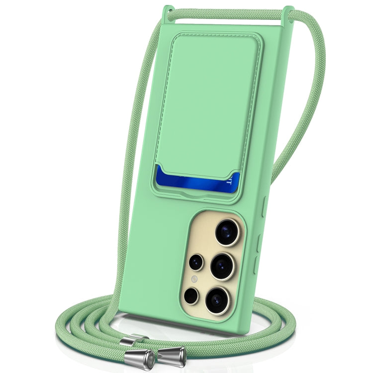 For Samsung Galaxy S24 Ultra 5G Integrated Card Bag Solid Color Liquid Silicone Phone Case with Lanyard(Green) - HoMEdemic™ 