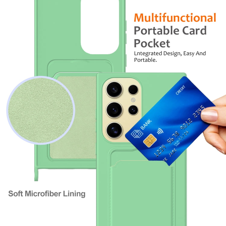 For Samsung Galaxy S24 Ultra 5G Integrated Card Bag Solid Color Liquid Silicone Phone Case with Lanyard(Green) - HoMEdemic™ 