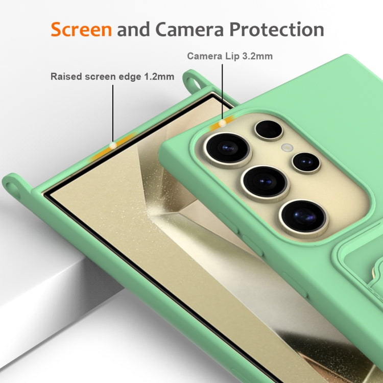 For Samsung Galaxy S24 Ultra 5G Integrated Card Bag Solid Color Liquid Silicone Phone Case with Lanyard(Green) - HoMEdemic™ 