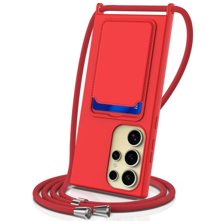 For Samsung Galaxy S24 Ultra 5G Integrated Card Bag Solid Color Liquid Silicone Phone Case with Lanyard(Red) - HoMEdemic™ 