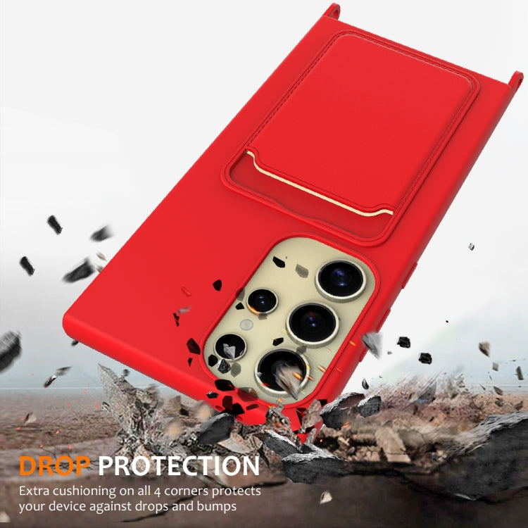 For Samsung Galaxy S24 Ultra 5G Integrated Card Bag Solid Color Liquid Silicone Phone Case with Lanyard(Red) - HoMEdemic™ 