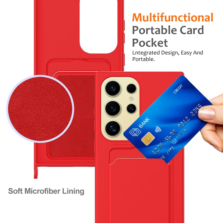 For Samsung Galaxy S24 Ultra 5G Integrated Card Bag Solid Color Liquid Silicone Phone Case with Lanyard(Red) - HoMEdemic™ 