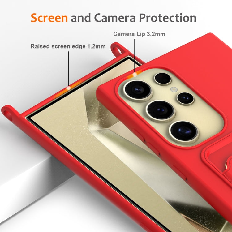 For Samsung Galaxy S24 Ultra 5G Integrated Card Bag Solid Color Liquid Silicone Phone Case with Lanyard(Red) - HoMEdemic™ 