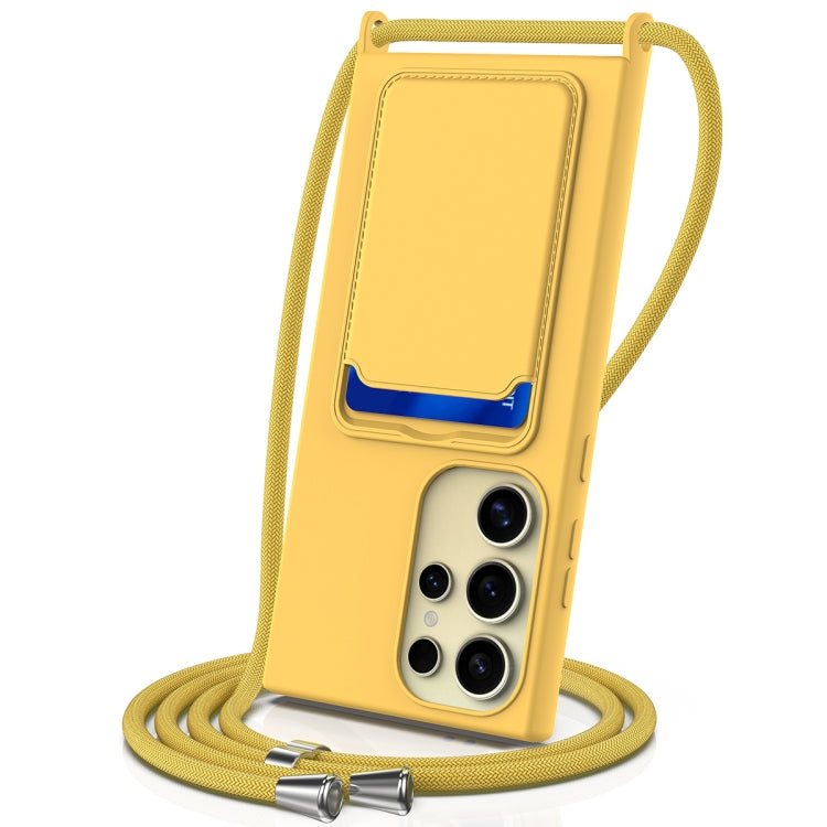For Samsung Galaxy S24 Ultra 5G Integrated Card Bag Solid Color Liquid Silicone Phone Case with Lanyard(Yellow) - HoMEdemic™ 