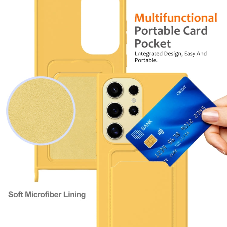 For Samsung Galaxy S24 Ultra 5G Integrated Card Bag Solid Color Liquid Silicone Phone Case with Lanyard(Yellow) - HoMEdemic™ 