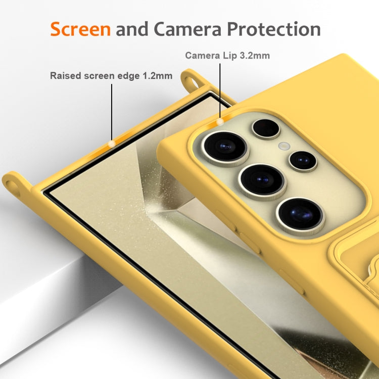 For Samsung Galaxy S24 Ultra 5G Integrated Card Bag Solid Color Liquid Silicone Phone Case with Lanyard(Yellow) - HoMEdemic™ 