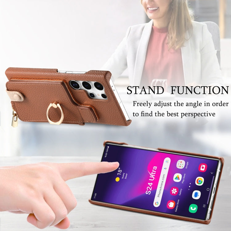 For Samsung Galaxy S24 Ultra 5G Litchi Leather Oil Edge Ring Zipper Wallet Back Phone Case(Brown) - HoMEdemic™ 