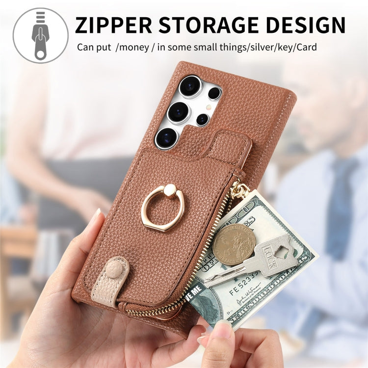 For Samsung Galaxy S24 Ultra 5G Litchi Leather Oil Edge Ring Zipper Wallet Back Phone Case(Brown) - HoMEdemic™ 