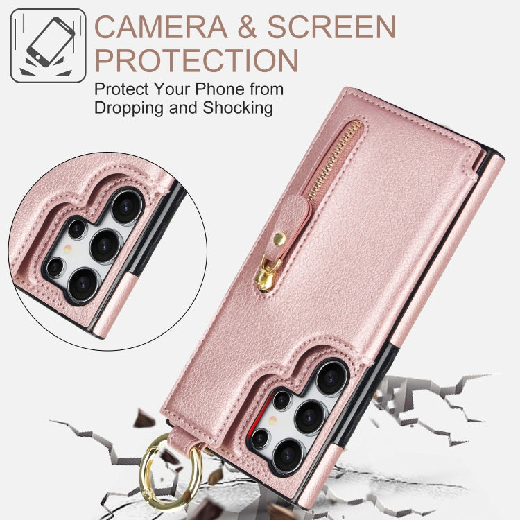 For Samsung Galaxy S24 Ultra 5G Litchi Texture Zipper Double Buckle Card Bag Phone Case(Rose Gold) - HoMEdemic™ 