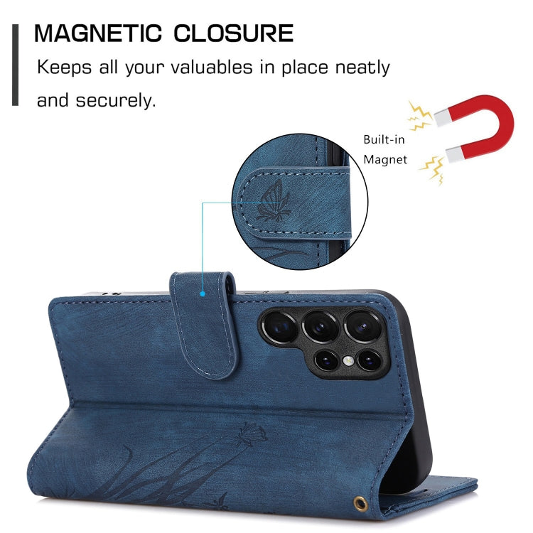 For Samsung Galaxy S24 Ultra 5G Orchid Butterfly Embossed Leather Phone Case(Blue) - HoMEdemic™ 
