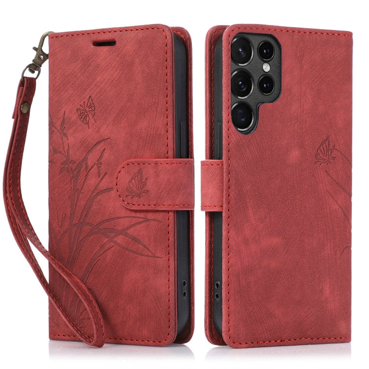 For Samsung Galaxy S24 Ultra 5G Orchid Butterfly Embossed Leather Phone Case(Red) - HoMEdemic™ 