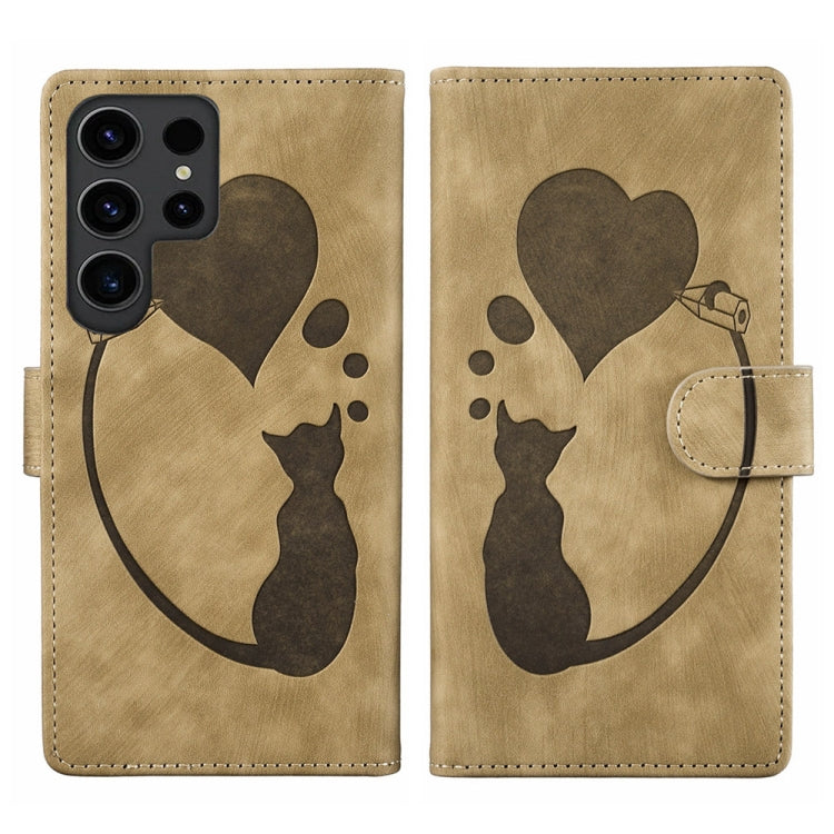 For Samsung Galaxy S24 Ultra 5G Pen Heart Cat Embossed Leather Phone Case(Apricot) - HoMEdemic™ 