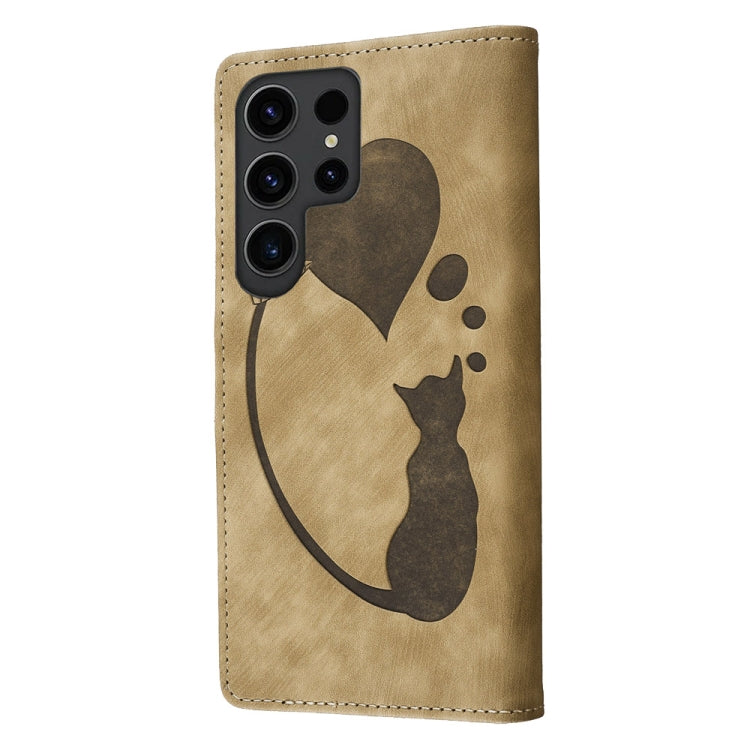 For Samsung Galaxy S24 Ultra 5G Pen Heart Cat Embossed Leather Phone Case(Apricot) - HoMEdemic™ 