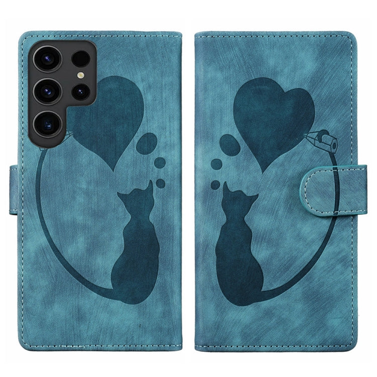 For Samsung Galaxy S24 Ultra 5G Pen Heart Cat Embossed Leather Phone Case(Blue) - HoMEdemic™ 