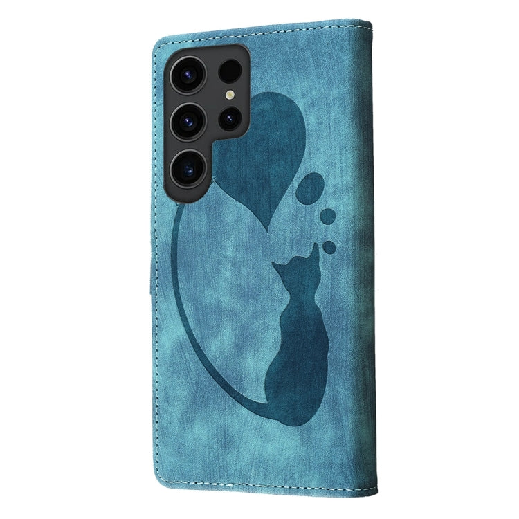 For Samsung Galaxy S24 Ultra 5G Pen Heart Cat Embossed Leather Phone Case(Blue) - HoMEdemic™ 