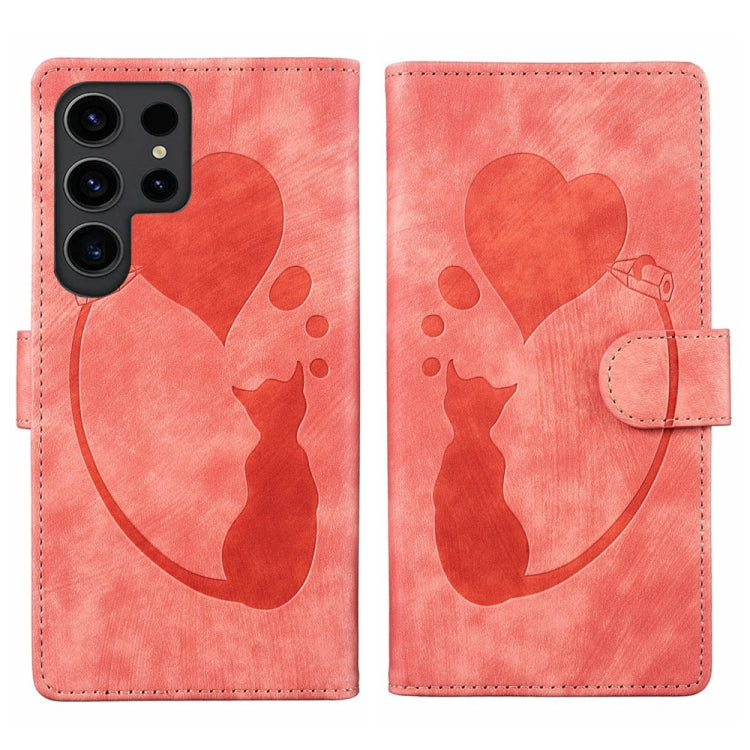 For Samsung Galaxy S24 Ultra 5G Pen Heart Cat Embossed Leather Phone Case(Orange) - HoMEdemic™ 