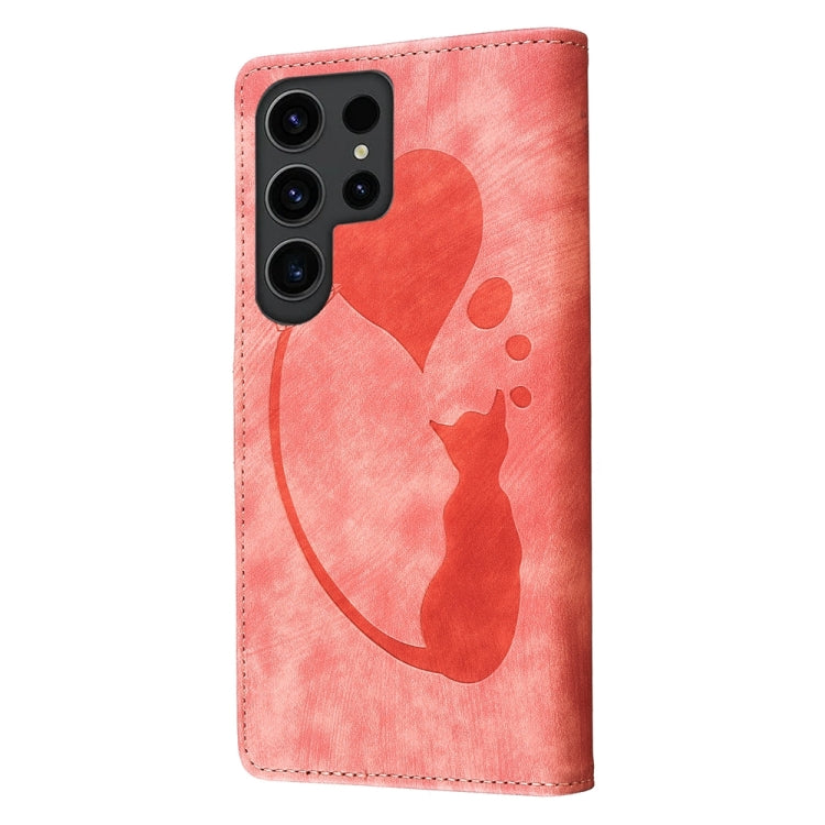 For Samsung Galaxy S24 Ultra 5G Pen Heart Cat Embossed Leather Phone Case(Orange) - HoMEdemic™ 