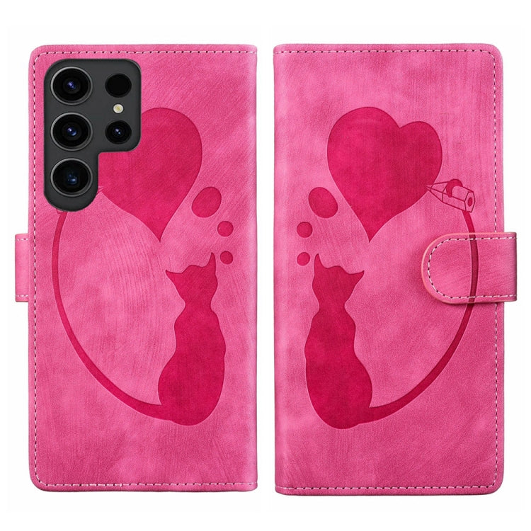 For Samsung Galaxy S24 Ultra 5G Pen Heart Cat Embossed Leather Phone Case(Pink) - HoMEdemic™ 