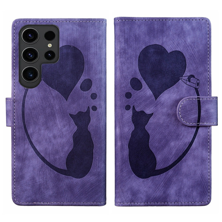 For Samsung Galaxy S24 Ultra 5G Pen Heart Cat Embossed Leather Phone Case(Purple) - HoMEdemic™ 