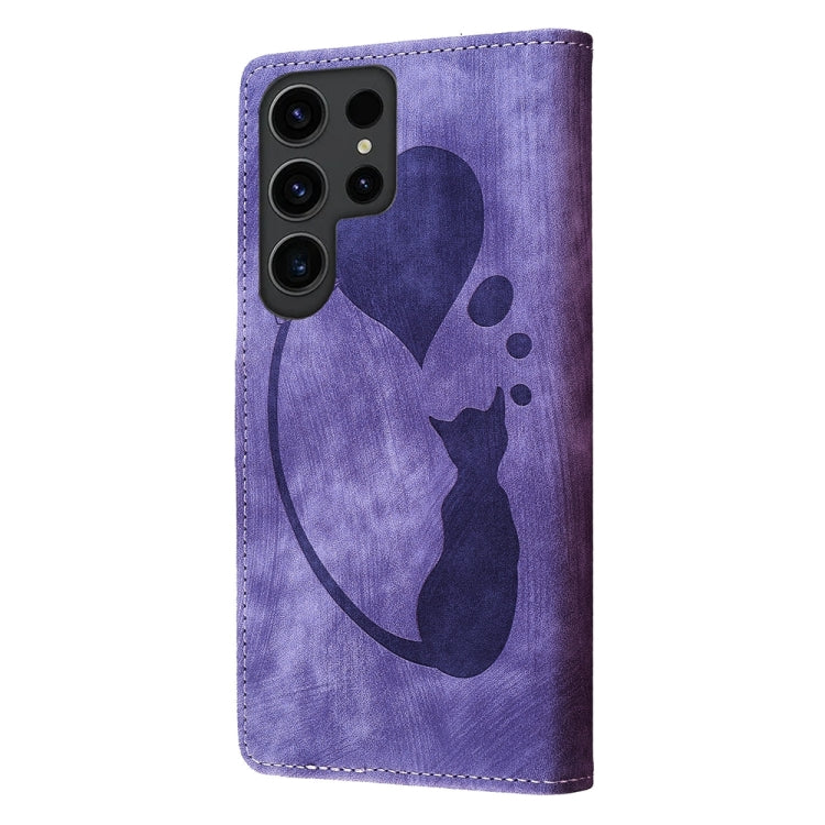 For Samsung Galaxy S24 Ultra 5G Pen Heart Cat Embossed Leather Phone Case(Purple) - HoMEdemic™ 