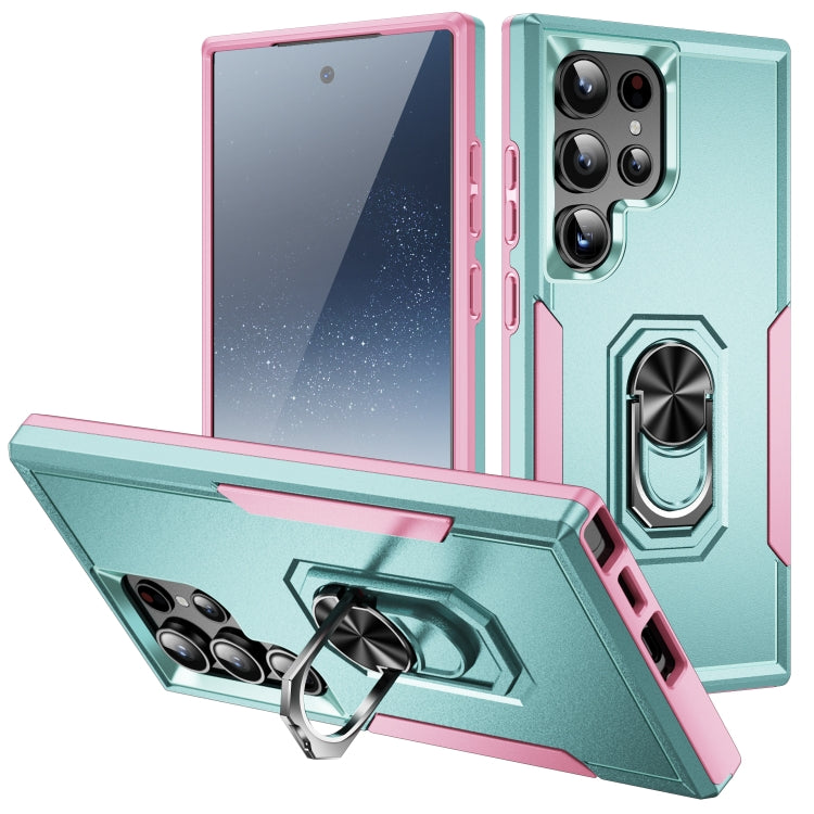 For Samsung Galaxy S24 Ultra 5G Pioneer Armor Heavy Duty PC Hybrid TPU Phone Case with Holder(Green+Pink) - HoMEdemic™ 