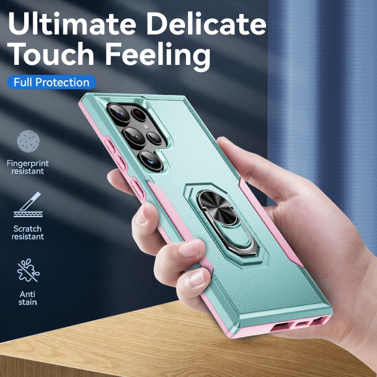 For Samsung Galaxy S24 Ultra 5G Pioneer Armor Heavy Duty PC Hybrid TPU Phone Case with Holder(Green+Pink) - HoMEdemic™ 