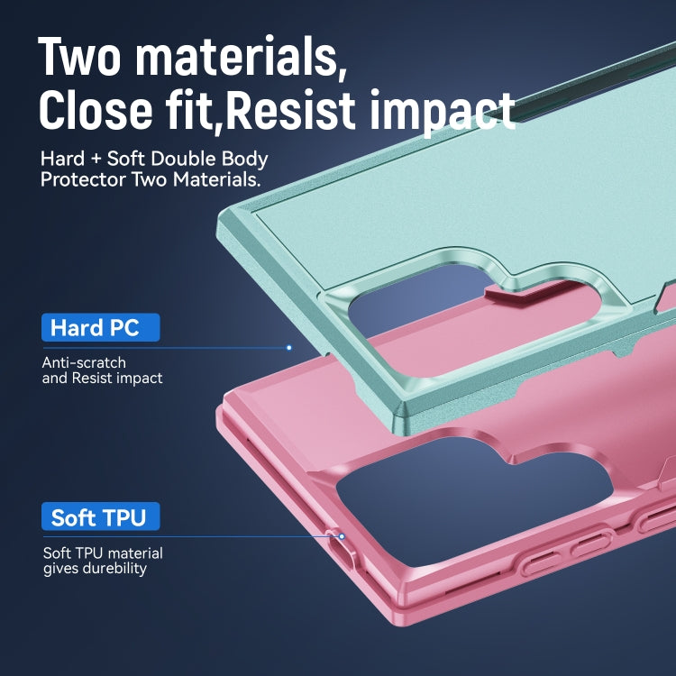 For Samsung Galaxy S24 Ultra 5G Pioneer Armor Heavy Duty PC Hybrid TPU Phone Case with Holder(Green+Pink) - HoMEdemic™ 