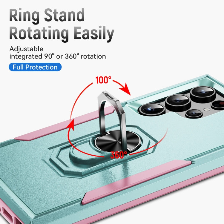 For Samsung Galaxy S24 Ultra 5G Pioneer Armor Heavy Duty PC Hybrid TPU Phone Case with Holder(Green+Pink) - HoMEdemic™ 
