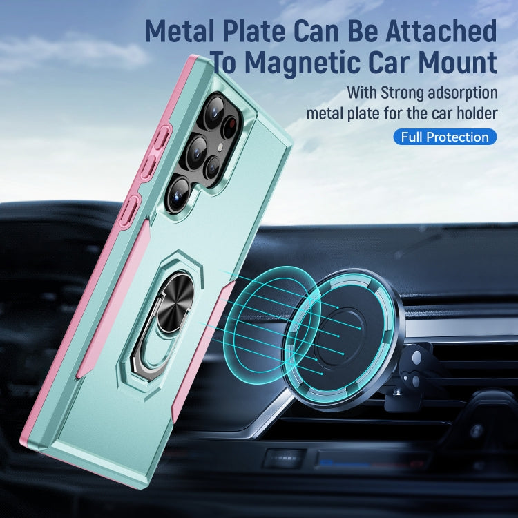 For Samsung Galaxy S24 Ultra 5G Pioneer Armor Heavy Duty PC Hybrid TPU Phone Case with Holder(Green+Pink) - HoMEdemic™ 