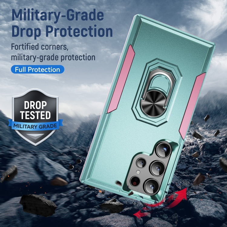 For Samsung Galaxy S24 Ultra 5G Pioneer Armor Heavy Duty PC Hybrid TPU Phone Case with Holder(Green+Pink) - HoMEdemic™ 