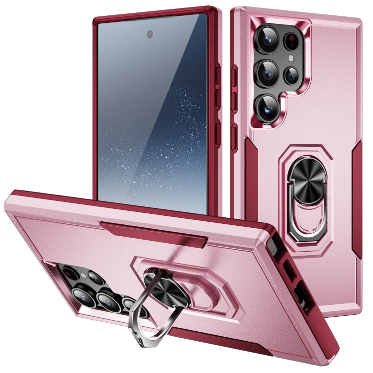For Samsung Galaxy S24 Ultra 5G Pioneer Armor Heavy Duty PC Hybrid TPU Phone Case with Holder(Pink+Rose Red) - HoMEdemic™ 