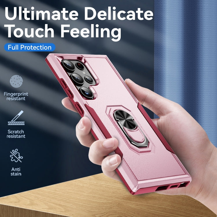 For Samsung Galaxy S24 Ultra 5G Pioneer Armor Heavy Duty PC Hybrid TPU Phone Case with Holder(Pink+Rose Red) - HoMEdemic™ 
