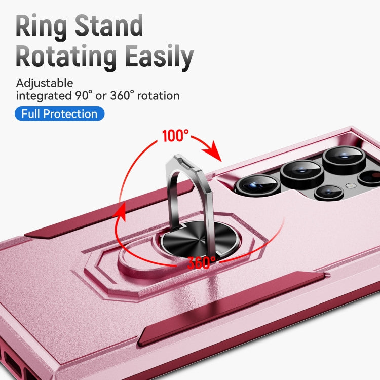 For Samsung Galaxy S24 Ultra 5G Pioneer Armor Heavy Duty PC Hybrid TPU Phone Case with Holder(Pink+Rose Red) - HoMEdemic™ 