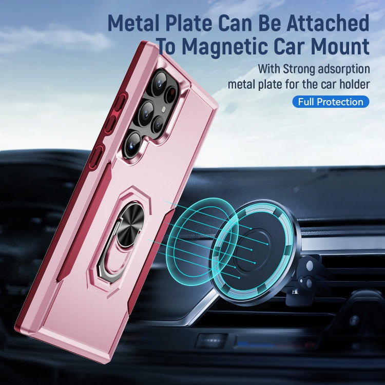 For Samsung Galaxy S24 Ultra 5G Pioneer Armor Heavy Duty PC Hybrid TPU Phone Case with Holder(Pink+Rose Red) - HoMEdemic™ 